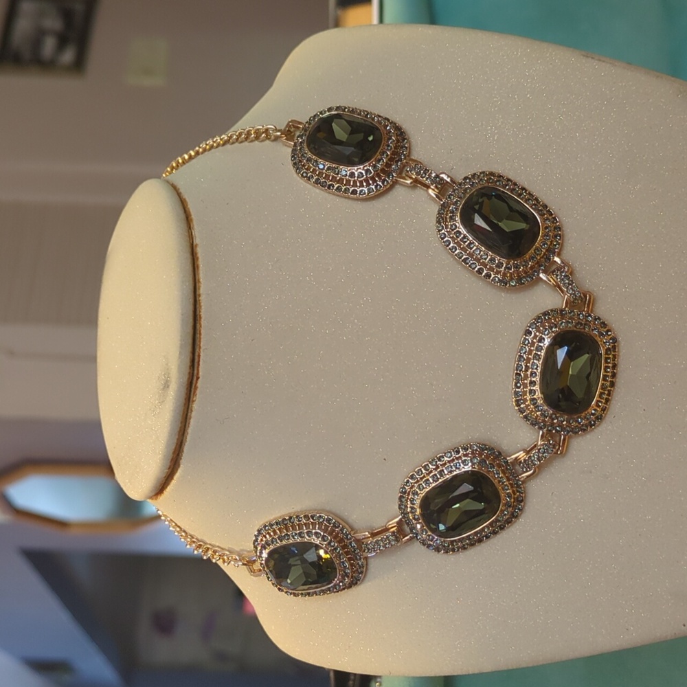 16" Statement Necklace 5 Large Stones & Sparkling Accents